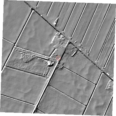 Shaded relief map of the ground around IP264ER, computed from Environment Agency LiDAR. The ground here sits at about -1 m above sea level and falls 6 m across the surrounding 800 m. Surface water reaching this point runs off ground lying to the north-east, 1.3 m higher.