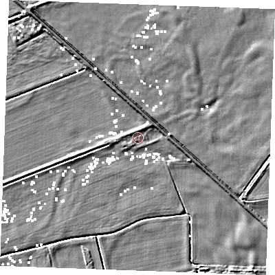 Shaded relief map of the ground around IP264ET, computed from Environment Agency LiDAR. The ground here sits at about 0 m above sea level and falls 4 m across the surrounding 800 m. Surface water reaching this point runs off ground lying to the east-north-east, 1.7 m higher.