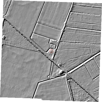 Shaded relief map of the ground around IP264EW, computed from Environment Agency LiDAR. The ground here sits at about -0 m above sea level and falls 4 m across the surrounding 800 m. Surface water reaching this point runs off ground lying to the south-east, 2.2 m higher.