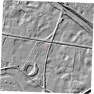Shaded relief map of the ground around IP264JJ, computed from Environment Agency LiDAR. The ground here sits at about 2 m above sea level and falls 7 m across the surrounding 800 m. Surface water reaching this point runs off ground lying to the east-south-east, 1.6 m higher.