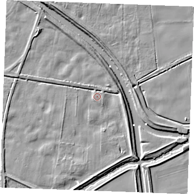 Shaded relief map of the ground around IP264JL, computed from Environment Agency LiDAR. The ground here sits at about 3 m above sea level and falls 7 m across the surrounding 800 m. Surface water reaching this point runs off ground lying to the east, 5.3 m higher.