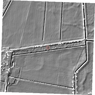 Shaded relief map of the ground around IP264JP, computed from Environment Agency LiDAR. The ground here sits at about -0 m above sea level and falls 4 m across the surrounding 800 m. Surface water reaching this point runs off ground lying to the north-west, 0.7 m higher.