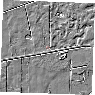 Shaded relief map of the ground around IP264JQ, computed from Environment Agency LiDAR. The ground here sits at about 2 m above sea level and falls 6 m across the surrounding 800 m. Surface water reaching this point runs off ground lying to the east-south-east, 2.7 m higher.
