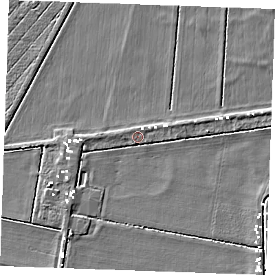 Shaded relief map of the ground around IP264JR, computed from Environment Agency LiDAR. The ground here sits at about -0 m above sea level and falls 4 m across the surrounding 800 m. Surface water reaching this point runs off ground lying to the west-south-west, 2.0 m higher.