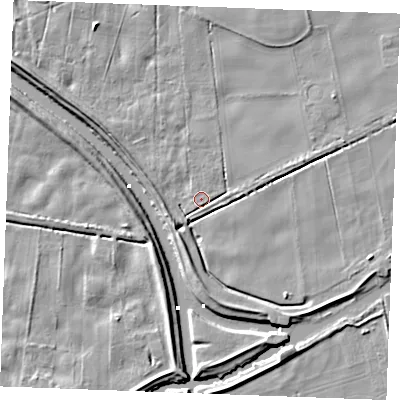 Shaded relief map of the ground around IP264JU, computed from Environment Agency LiDAR. The ground here sits at about 3 m above sea level and falls 7 m across the surrounding 800 m. Surface water reaching this point runs off ground lying to the south-south-west, 5.0 m higher.