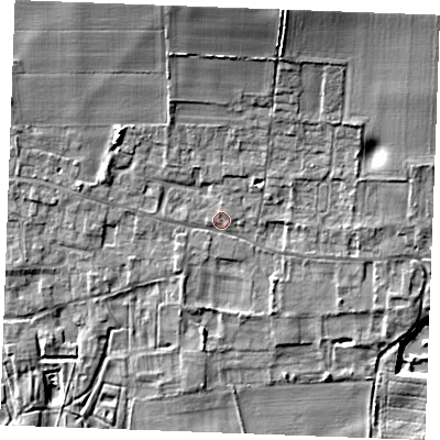 Shaded relief map of the ground around IP264LN, computed from Environment Agency LiDAR. The ground here sits at about 7 m above sea level and falls 17 m across the surrounding 800 m. Surface water reaching this point runs off ground lying to the north-north-east, 10.3 m higher.