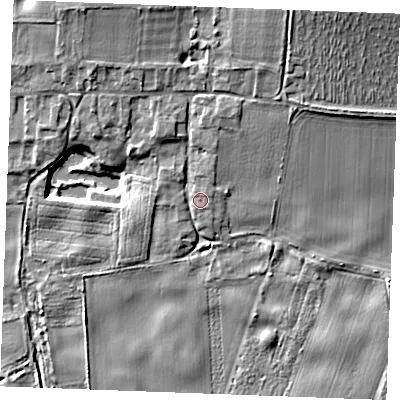 Shaded relief map of the ground around IP264ND, computed from Environment Agency LiDAR. The ground here sits at about 6 m above sea level and falls 14 m across the surrounding 800 m. Surface water reaching this point runs off ground lying to the north-north-east, 9.4 m higher.