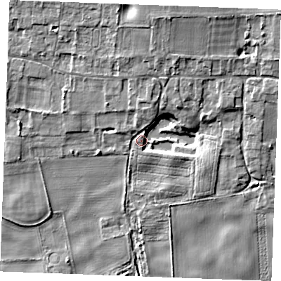 Shaded relief map of the ground around IP264NE, computed from Environment Agency LiDAR. The ground here sits at about 6 m above sea level and falls 12 m across the surrounding 800 m. Surface water reaching this point runs off ground lying to the north-north-east, 5.6 m higher.