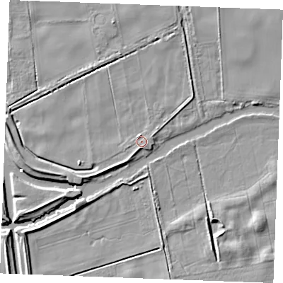 Shaded relief map of the ground around IP264NF, computed from Environment Agency LiDAR. The ground here sits at about 3 m above sea level and falls 6 m across the surrounding 800 m. Surface water reaching this point runs off ground lying to the north-north-west, 2.5 m higher.