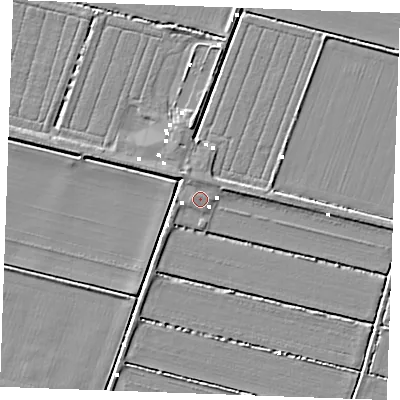 Shaded relief map of the ground around IP264QF, computed from Environment Agency LiDAR. The ground here sits at about 0 m above sea level and falls 4 m across the surrounding 800 m. Surface water reaching this point runs off ground lying to the north, 0.9 m higher.