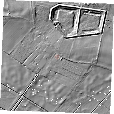 Shaded relief map of the ground around IP264QU, computed from Environment Agency LiDAR. The ground here sits at about 3 m above sea level and falls 8 m across the surrounding 800 m. Surface water reaching this point runs off ground lying to the north, 1.2 m higher.