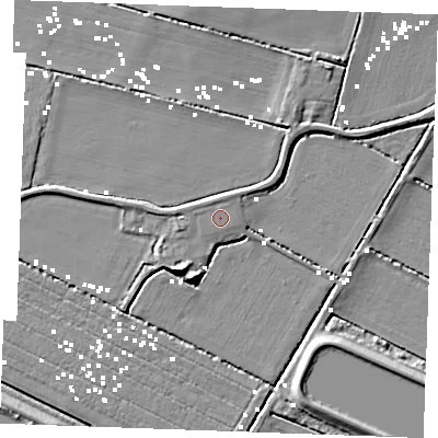 Shaded relief map of the ground around IP264QY, computed from Environment Agency LiDAR. The ground here sits at about 1 m above sea level and falls 8 m across the surrounding 800 m. Surface water reaching this point runs off ground lying to the north-west, 0.6 m higher.