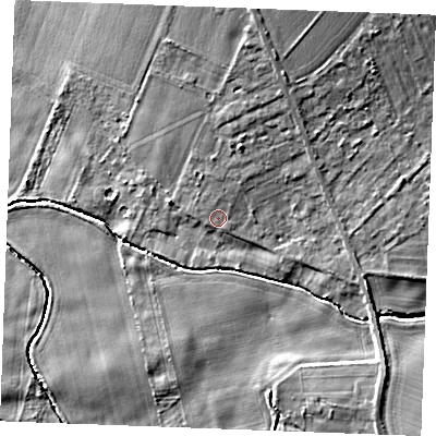 Shaded relief map of the ground around IP264RQ, computed from Environment Agency LiDAR. The ground here sits at about 6 m above sea level and falls 13 m across the surrounding 800 m. Surface water reaching this point runs off ground lying to the north-north-east, 1.6 m higher.