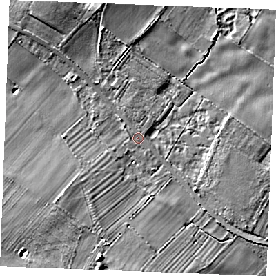 Shaded relief map of the ground around IP265LS, computed from Environment Agency LiDAR. The ground here sits at about 8 m above sea level and falls 8 m across the surrounding 800 m. Surface water reaching this point runs off ground lying to the south-south-west, 5.2 m higher.