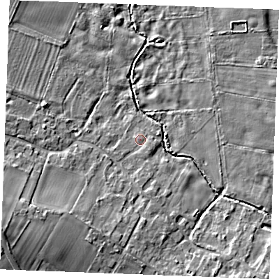 Shaded relief map of the ground around IP265NL, computed from Environment Agency LiDAR. The ground here sits at about 6 m above sea level and falls 16 m across the surrounding 800 m. Surface water reaching this point runs off ground lying to the south-west, 9.1 m higher.