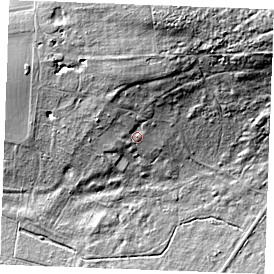 Shaded relief map of the ground around IP270SF, computed from Environment Agency LiDAR. The ground here sits at about 14 m above sea level and falls 30 m across the surrounding 800 m. Surface water reaching this point runs off ground lying to the north, 13.3 m higher.