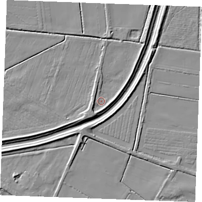 Shaded relief map of the ground around IP279AA, computed from Environment Agency LiDAR. The ground here sits at about 3 m above sea level and falls 6 m across the surrounding 800 m. Surface water reaching this point runs off ground lying to the west-south-west, 4.2 m higher.