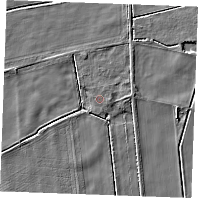 Shaded relief map of the ground around IP279AB, computed from Environment Agency LiDAR. The ground here sits at about 3 m above sea level and falls 6 m across the surrounding 800 m. Surface water reaching this point runs off ground lying to the east, 1.2 m higher.
