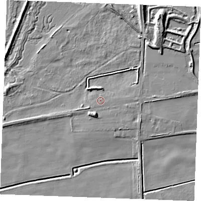 Shaded relief map of the ground around IP279AD, computed from Environment Agency LiDAR. The ground here sits at about 3 m above sea level and falls 8 m across the surrounding 800 m. Surface water reaching this point runs off ground lying to the south-south-east, 0.8 m higher.