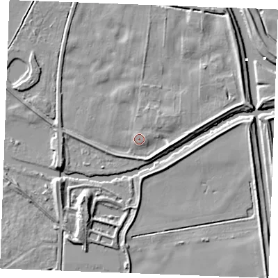 Shaded relief map of the ground around IP279AE, computed from Environment Agency LiDAR. The ground here sits at about 3 m above sea level and falls 8 m across the surrounding 800 m. Surface water reaching this point runs off ground lying to the east, 4.3 m higher.