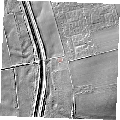 Shaded relief map of the ground around IP279AS, computed from Environment Agency LiDAR. The ground here sits at about 7 m above sea level and falls 15 m across the surrounding 800 m. Surface water reaching this point runs off ground lying to the south-east, 2.8 m higher.