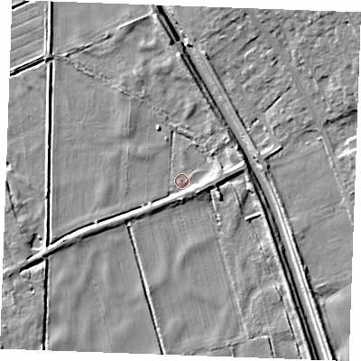 Shaded relief map of the ground around IP279BX, computed from Environment Agency LiDAR. The ground here sits at about 2 m above sea level and falls 13 m across the surrounding 800 m. Surface water reaching this point runs off ground lying to the east-south-east, 3.0 m higher.
