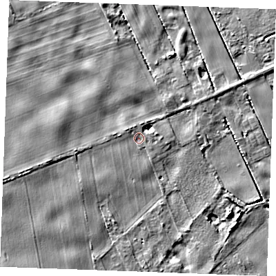 Shaded relief map of the ground around IP279BY, computed from Environment Agency LiDAR. The ground here sits at about 3 m above sea level and falls 7 m across the surrounding 800 m. Surface water reaching this point runs off ground lying to the west-south-west, 2.4 m higher.