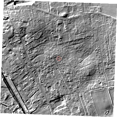 Shaded relief map of the ground around IP279DL, computed from Environment Agency LiDAR. The ground here sits at about 14 m above sea level and falls 21 m across the surrounding 800 m. Surface water reaching this point runs off ground lying to the north-east, 6.2 m higher.