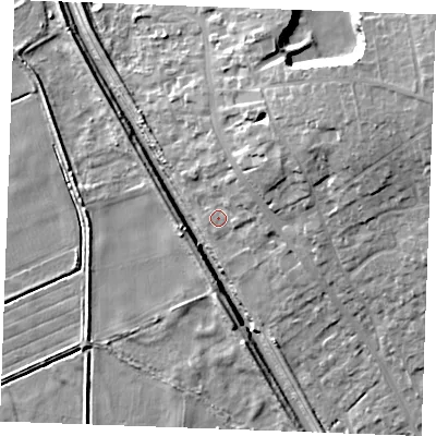 Shaded relief map of the ground around IP279FA, computed from Environment Agency LiDAR. The ground here sits at about 6 m above sea level and falls 19 m across the surrounding 800 m. Surface water reaching this point runs off ground lying to the north-east, 3.8 m higher.