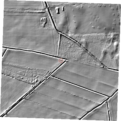 Shaded relief map of the ground around IP279FW, computed from Environment Agency LiDAR. The ground here sits at about 3 m above sea level and falls 9 m across the surrounding 800 m. Surface water reaching this point runs off ground lying to the east, 2.5 m higher.