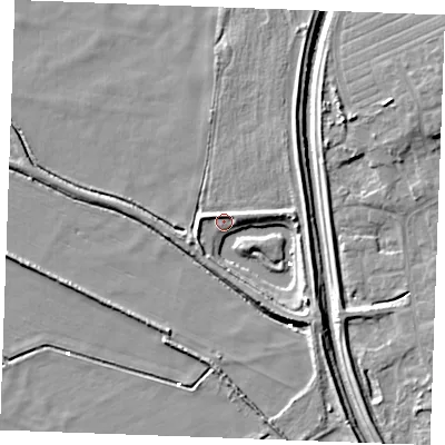 Shaded relief map of the ground around IP279HD, computed from Environment Agency LiDAR. The ground here sits at about 2 m above sea level and falls 9 m across the surrounding 800 m. Surface water reaching this point runs off ground lying to the south-east, 6.4 m higher.