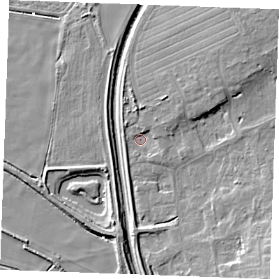 Shaded relief map of the ground around IP279LB, computed from Environment Agency LiDAR. The ground here sits at about 3 m above sea level and falls 13 m across the surrounding 800 m. Surface water reaching this point runs off ground lying to the north-east, 6.5 m higher.