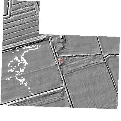 Shaded relief map of the ground around IP279LE, computed from Environment Agency LiDAR. The ground here sits at about 1 m above sea level and falls 5 m across the surrounding 800 m. Surface water reaching this point runs off ground lying to the north-north-west, 1.4 m higher.