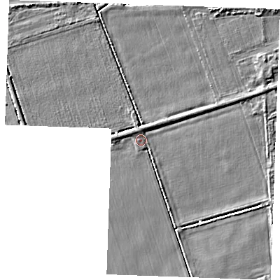Shaded relief map of the ground around IP279LF, computed from Environment Agency LiDAR. The ground here sits at about 1 m above sea level and falls 3 m across the surrounding 800 m. Surface water reaching this point runs off ground lying to the north-north-east, 0.9 m higher.