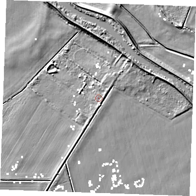 Shaded relief map of the ground around IP279LH, computed from Environment Agency LiDAR. The ground here sits at about 1 m above sea level and falls 7 m across the surrounding 800 m. Surface water reaching this point runs off ground lying to the east, 1.1 m higher.