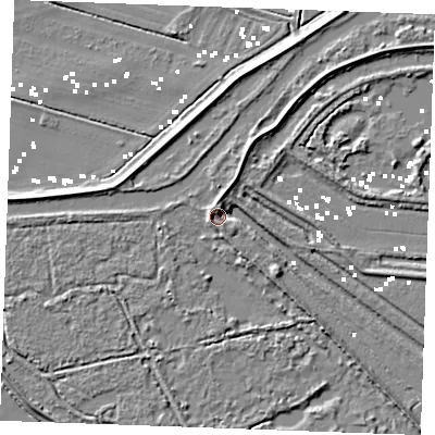 Shaded relief map of the ground around IP279LJ, computed from Environment Agency LiDAR. The ground here sits at about 2 m above sea level and falls 6 m across the surrounding 800 m. Surface water reaching this point runs off ground lying to the west, 2.7 m higher.