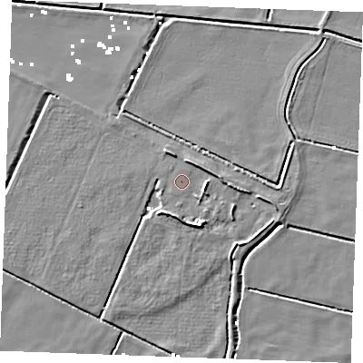 Shaded relief map of the ground around IP279LN, computed from Environment Agency LiDAR. The ground here sits at about 1 m above sea level and falls 6 m across the surrounding 800 m. Surface water reaching this point runs off ground lying to the south-south-east, 3.6 m higher.