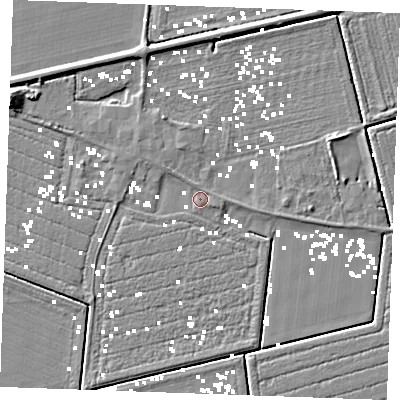 Shaded relief map of the ground around IP279LQ, computed from Environment Agency LiDAR. The ground here sits at about 1 m above sea level and falls 7 m across the surrounding 800 m. Surface water reaching this point runs off ground lying to the east, 1.2 m higher.