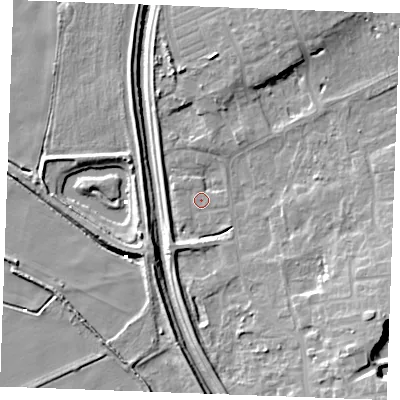 Shaded relief map of the ground around IP279LR, computed from Environment Agency LiDAR. The ground here sits at about 3 m above sea level and falls 16 m across the surrounding 800 m. Surface water reaching this point runs off ground lying to the south-west, 4.6 m higher.