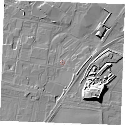 Shaded relief map of the ground around IP279PN, computed from Environment Agency LiDAR. The ground here sits at about 9 m above sea level and falls 24 m across the surrounding 800 m. Surface water reaching this point runs off ground lying to the south-south-east, 4.3 m higher.