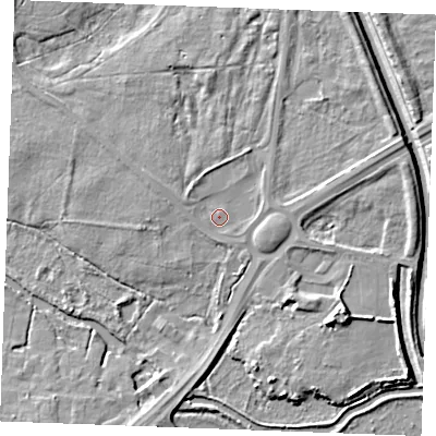Shaded relief map of the ground around IP286AE, computed from Environment Agency LiDAR. The ground here sits at about 9 m above sea level and falls 8 m across the surrounding 800 m. Surface water reaching this point runs off ground lying to the south, 1.1 m higher.