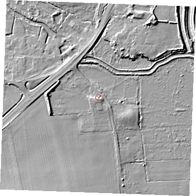 Shaded relief map of the ground around IP286AG, computed from Environment Agency LiDAR. The ground here sits at about 11 m above sea level and falls 9 m across the surrounding 800 m. Surface water reaching this point runs off ground lying to the south-west, 2.3 m higher.