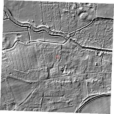 Shaded relief map of the ground around IP286AR, computed from Environment Agency LiDAR. The ground here sits at about 9 m above sea level and falls 8 m across the surrounding 800 m. Surface water reaching this point runs off ground lying to the south, 3.9 m higher.