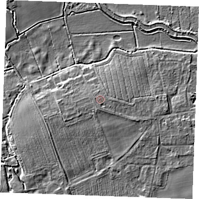 Shaded relief map of the ground around IP286BD, computed from Environment Agency LiDAR. The ground here sits at about 11 m above sea level and falls 7 m across the surrounding 800 m. Surface water reaching this point runs off ground lying to the south, 0.8 m higher.