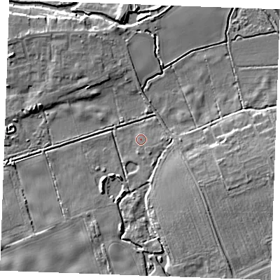 Shaded relief map of the ground around IP286BT, computed from Environment Agency LiDAR. The ground here sits at about 7 m above sea level and falls 9 m across the surrounding 800 m. Surface water reaching this point runs off ground lying to the south-east, 1.2 m higher.