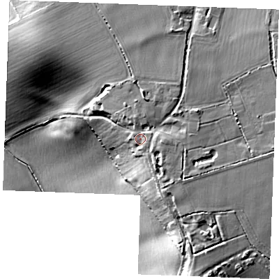 Shaded relief map of the ground around IP286PA, computed from Environment Agency LiDAR. The ground here sits at about 86 m above sea level and falls 35 m across the surrounding 800 m. Surface water reaching this point runs off ground lying to the east-south-east, 3.7 m higher.