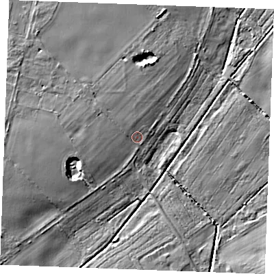 Shaded relief map of the ground around IP286SN, computed from Environment Agency LiDAR. The ground here sits at about 16 m above sea level and falls 8 m across the surrounding 800 m. Surface water reaching this point runs off ground lying to the west-north-west, 2.2 m higher.