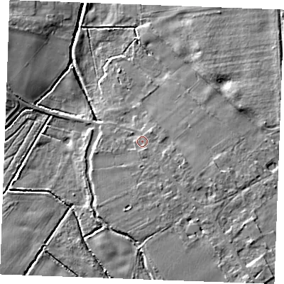 Shaded relief map of the ground around IP286SQ, computed from Environment Agency LiDAR. The ground here sits at about 14 m above sea level and falls 9 m across the surrounding 800 m. Surface water reaching this point runs off ground lying to the east-south-east, 2.1 m higher.