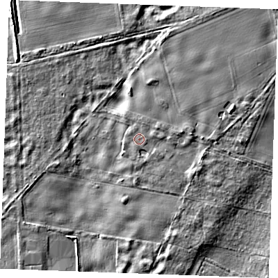 Shaded relief map of the ground around IP286SS, computed from Environment Agency LiDAR. The ground here sits at about 23 m above sea level and falls 6 m across the surrounding 800 m. Surface water reaching this point runs off ground lying to the east-south-east, 1.8 m higher.