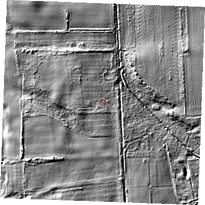Shaded relief map of the ground around IP286TD, computed from Environment Agency LiDAR. The ground here sits at about 14 m above sea level and falls 8 m across the surrounding 800 m. Surface water reaching this point runs off ground lying to the south-east, 1.0 m higher.